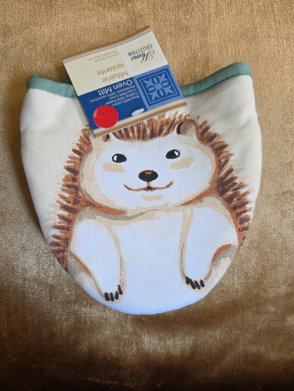 Home Collection Hedgehog Oven Mitt in White and Brown with Teal Trim